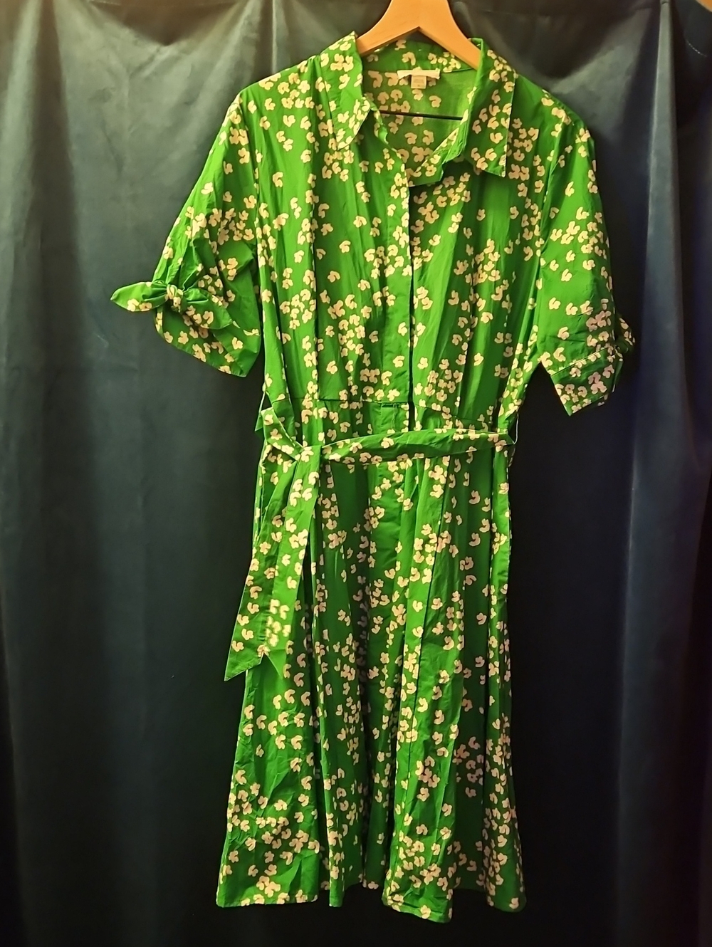 Calvin Klein Green Floral Cotton Tie-Waist Shirtdress